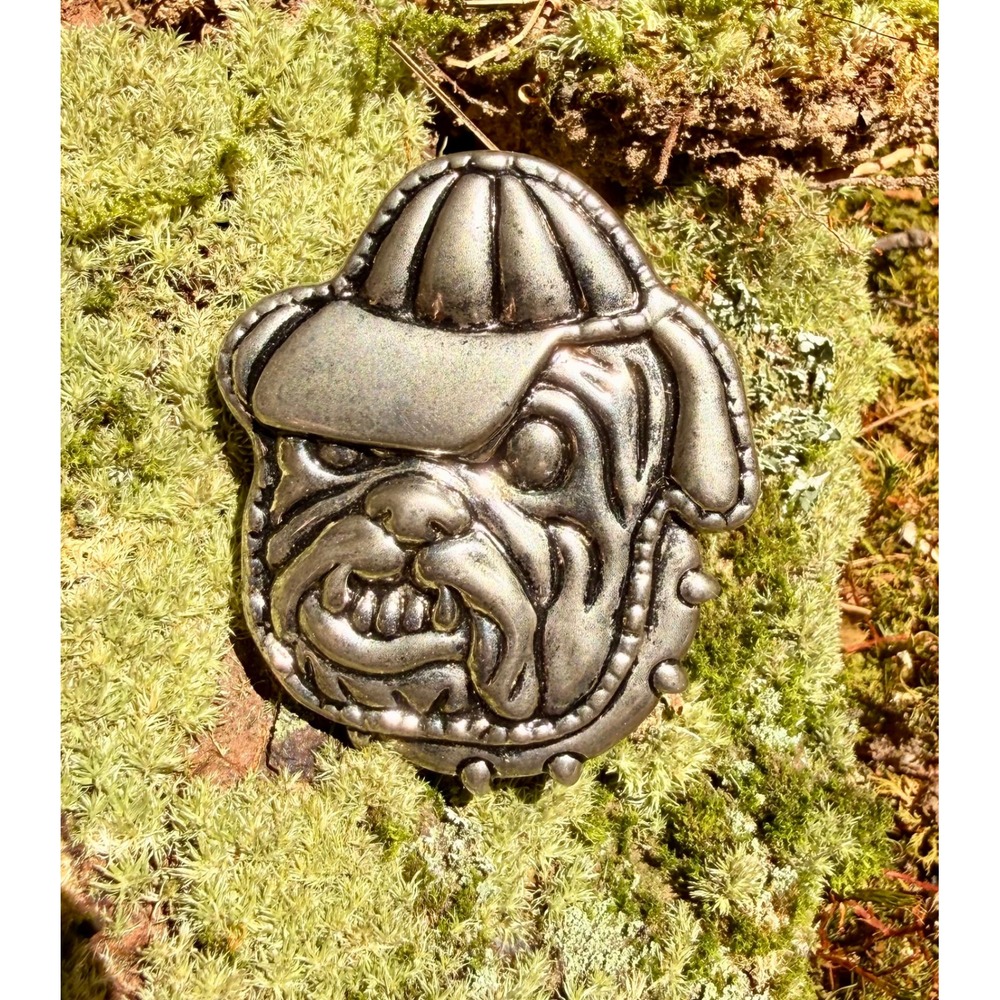 VTG Silver‎ Tone Bulldog Brooch Pendant Spiked Collar Cap Mascot Pin 3 in. 80s
